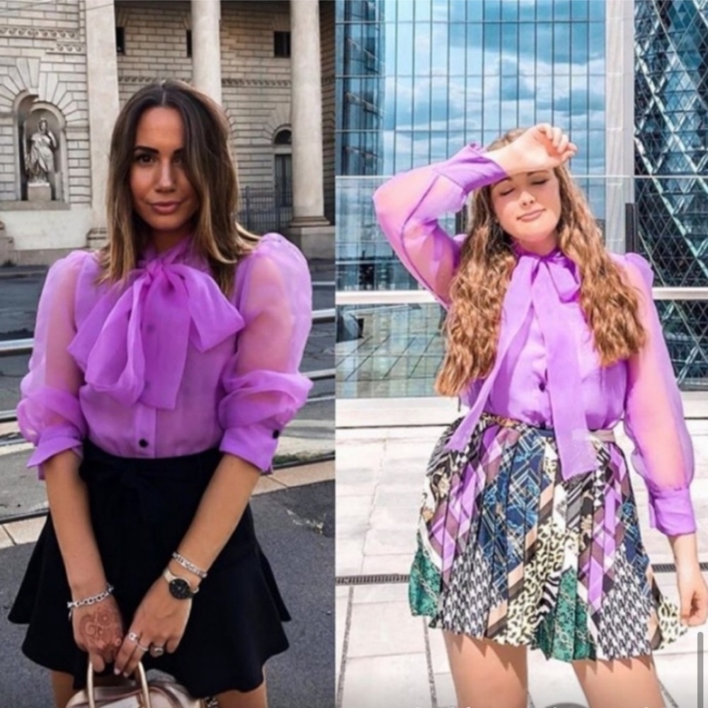 ZARA SEMI-SHEER ORGANZA BLOUSE TOP W/ BOW TIE PUFF SLEEVE PURPLE COLOR NEW